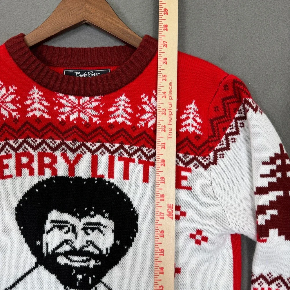 Bob Ross Sweater Men M Red Merry Little Christmas Fair Isle Holiday Graphic
